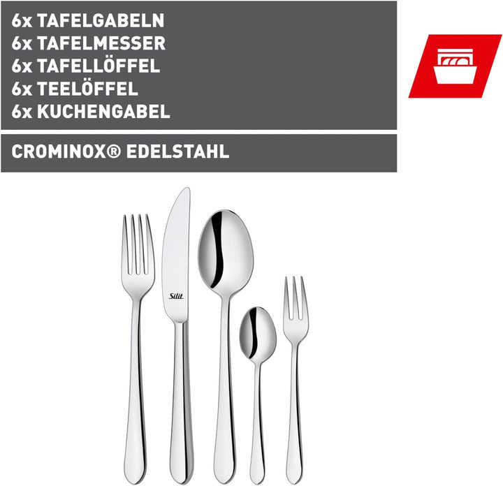 Silit Midi Besteck Set 6 Personen, 30-teilig, Monobloc-Messer, Crominox Edelstahl poliert, glänzend,