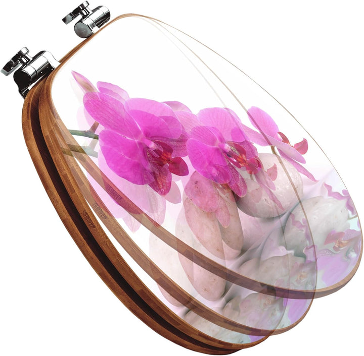 banjado® Design WC Sitz Bambus Absenkautomatik mit Motiv Orchidee/Toilettendeckel mit Absenkautomati