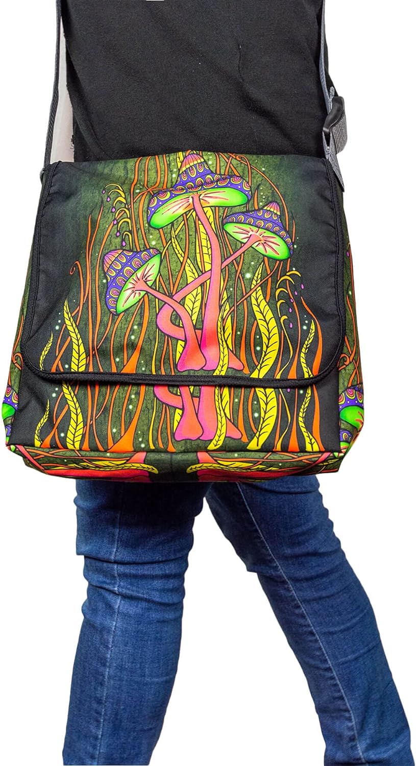 PSYWORK Schwarzlicht Umhänge Tragetasche Neon Magic Mushroom Pink Neon UV-aktiv wasserabweisend