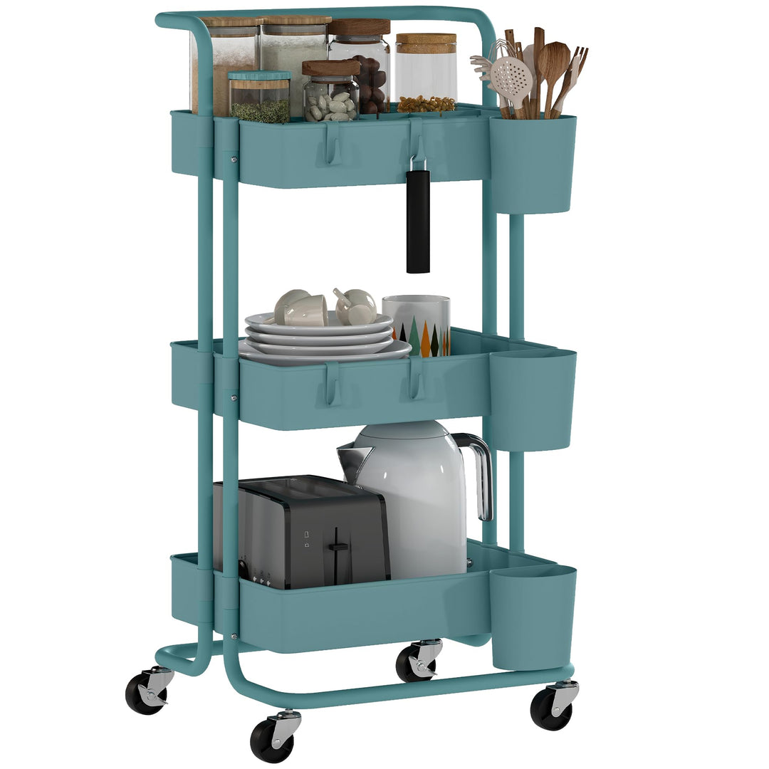 HOMCOM 3-stöckiger Rollwagen 42x38x86,5 cm Blau-Grün | Regalboden, 4 Haken, 3 abnehmbare Hängekörbe,