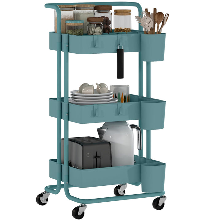 HOMCOM 3-stöckiger Rollwagen 42x38x86,5 cm Blau-Grün | Regalboden, 4 Haken, 3 abnehmbare Hängekörbe,