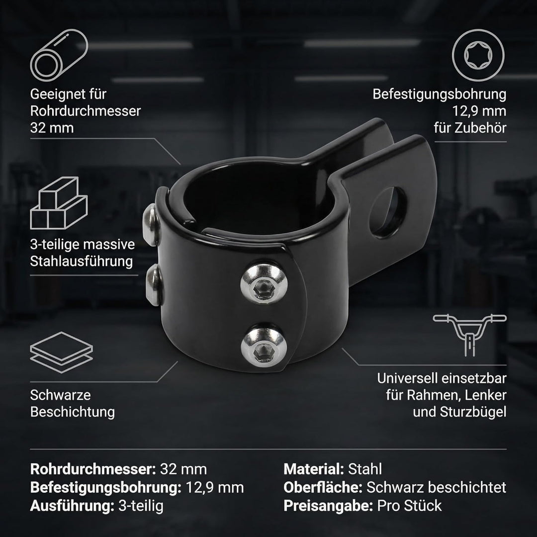 Befestigungsklemme 32 mm Schwarz Halterung 1¼ Zoll für Harley universal Sturzbügel Fussrasten Lenker