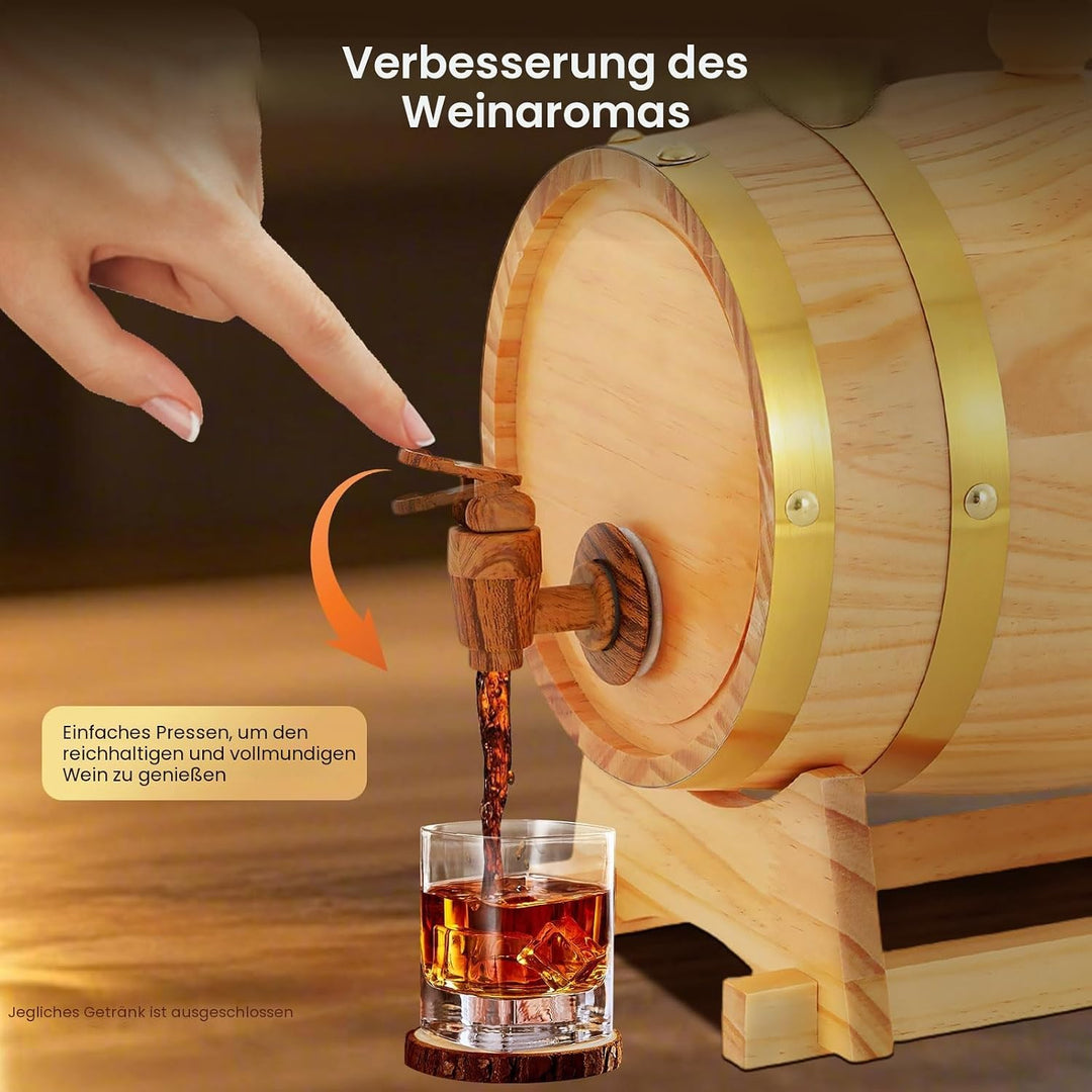 Qussse Holzfass 3L Whiskyfass aus Kiefernholz Weinfass Schnapsfass mit Bock & Zapfhahn für Whiskey &