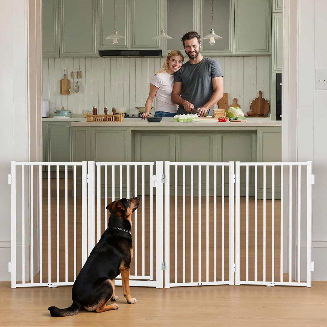 COMOMY Metall Hundegitter Freistehend mit Tür, 203cm Extra Breit Absperrgitter Hund Wohnung, 81cm Ho