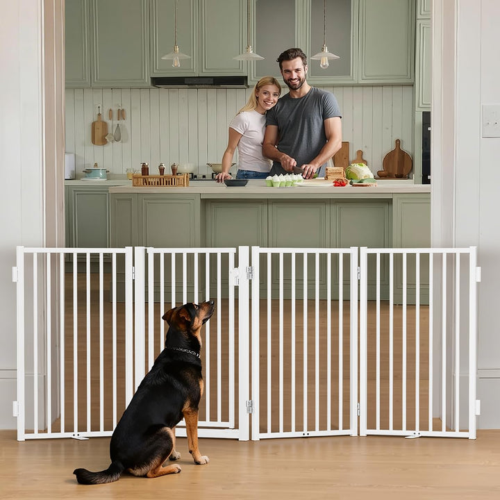 COMOMY Metall Hundegitter Freistehend mit Tür, 203cm Extra Breit Absperrgitter Hund Wohnung, 81cm Ho