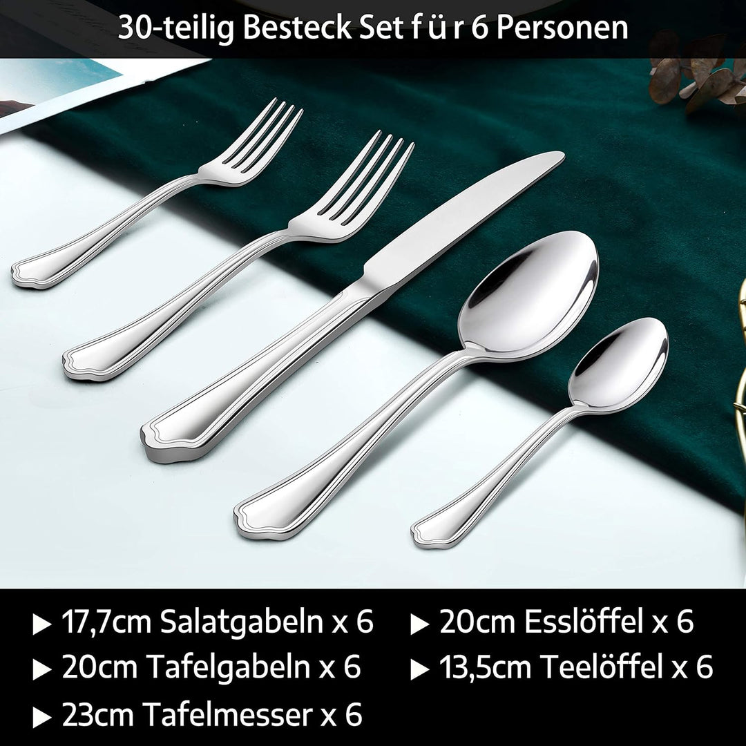 Homikit Besteck Set, Besteckset 30 teilig für 6 Personen mit Messer Gabel Löffel, Edelstahl poliert