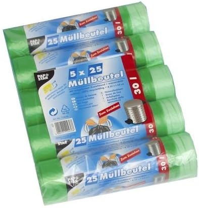 PAPSTAR 1 Karton = 5x125 Müllbeutel zum Zuziehen, HDPE 30 l 62 cm x 55 cm grün 12436