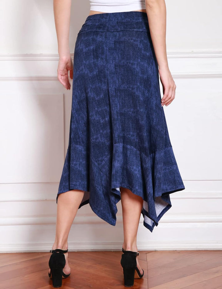 DJT Damen Elastisch Plissierte Taille Elegant Rock A-Linie Faltenrock Midi Rock mit Taschentuch Saum