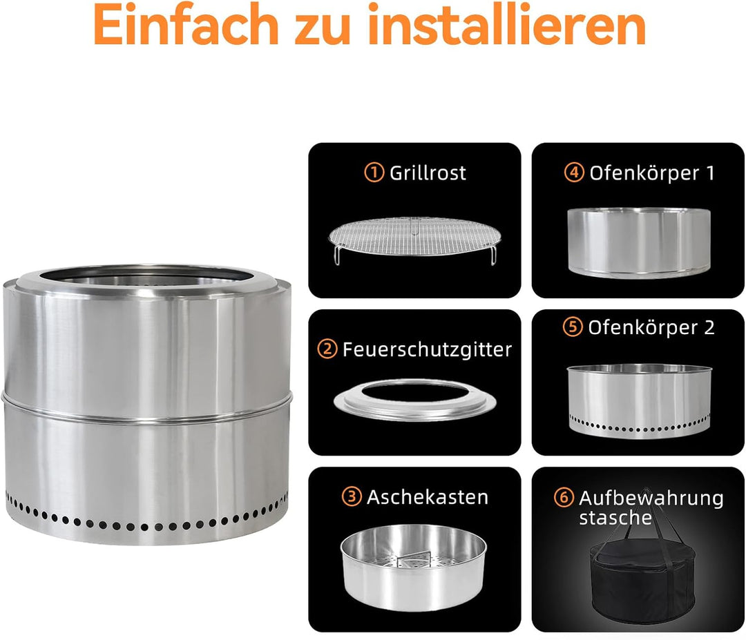 Feuerschale Edelstahl 50cm, Rauchfreie Feuerschale mit Grillrost, Aufbewahrungstasche, Abnehmbarer A