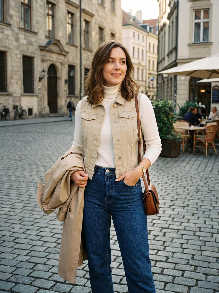 Allegra K Damen Jeansweste Ärmellos Knopfleiste Denim Revere Westen mit Taschen XS Beige