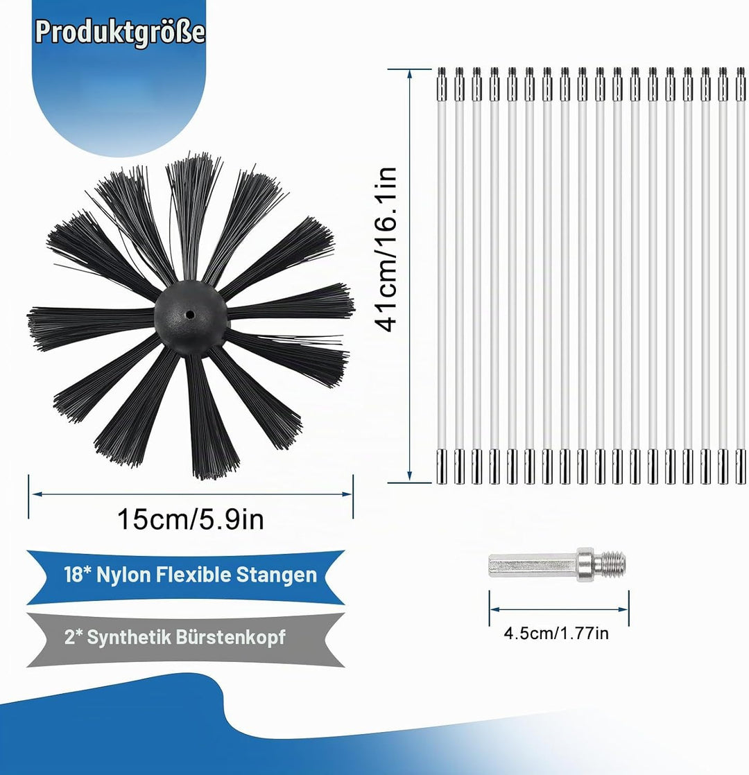 Kaminbürstenstangen-Set, Durchmesser 150 mm, Kaminbürste enthält 18 Stäbe 410 mm und 2 Bürstenköpfe,