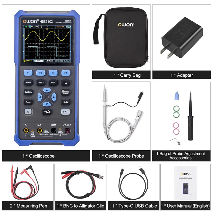 HDS2102 2-in-1-Handheld-Digitaloszilloskop 2 Kanäle mit 100 MHz Bandbreite Digitales True-RMS-Multim