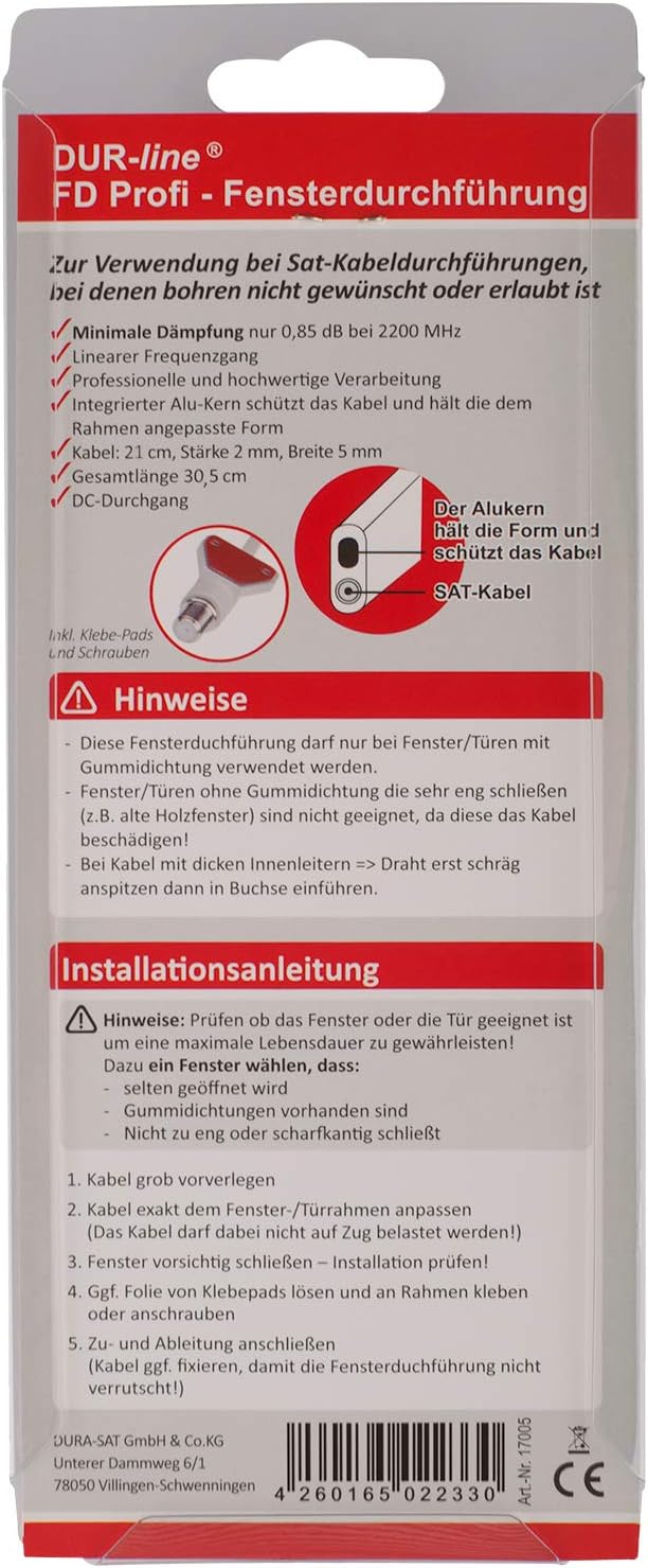 DUR-line® Profi Fensterdurchführung (2Stück) M - 21cm Kabellänge - Minimale Dämpfung, maximale Schir