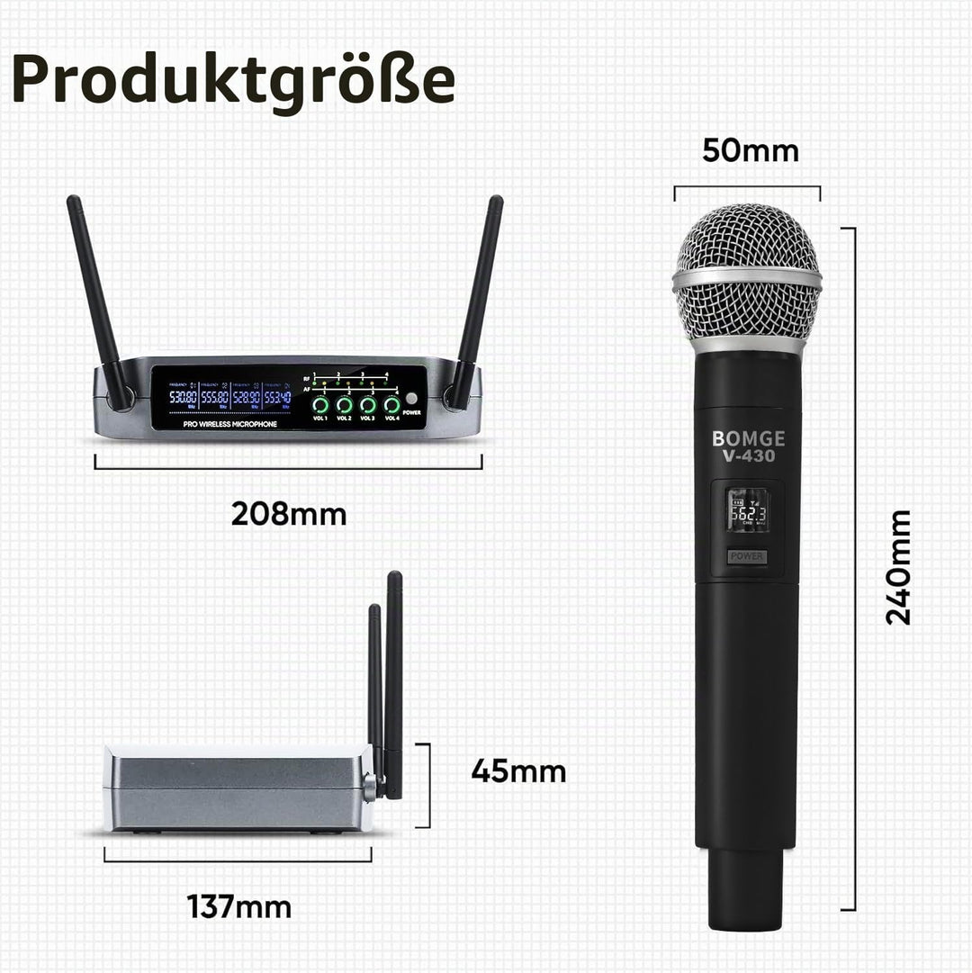 BOMGE Kabelloses Mikrofonsystem, Pro 4-K schnurloses Mikrofon-Set mit vier Handmikrofonen, Festfrequ