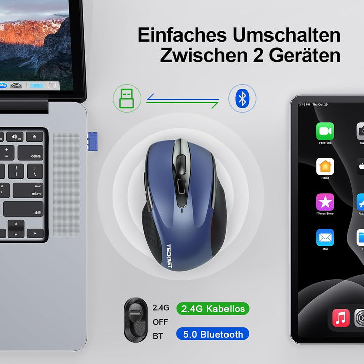 TECKNET Bluetooth Maus mit Jiggler, Wiederaufladbare Maus Kabellos(DREI Modi: BT 5.0/3.0 + 2.4G), 48