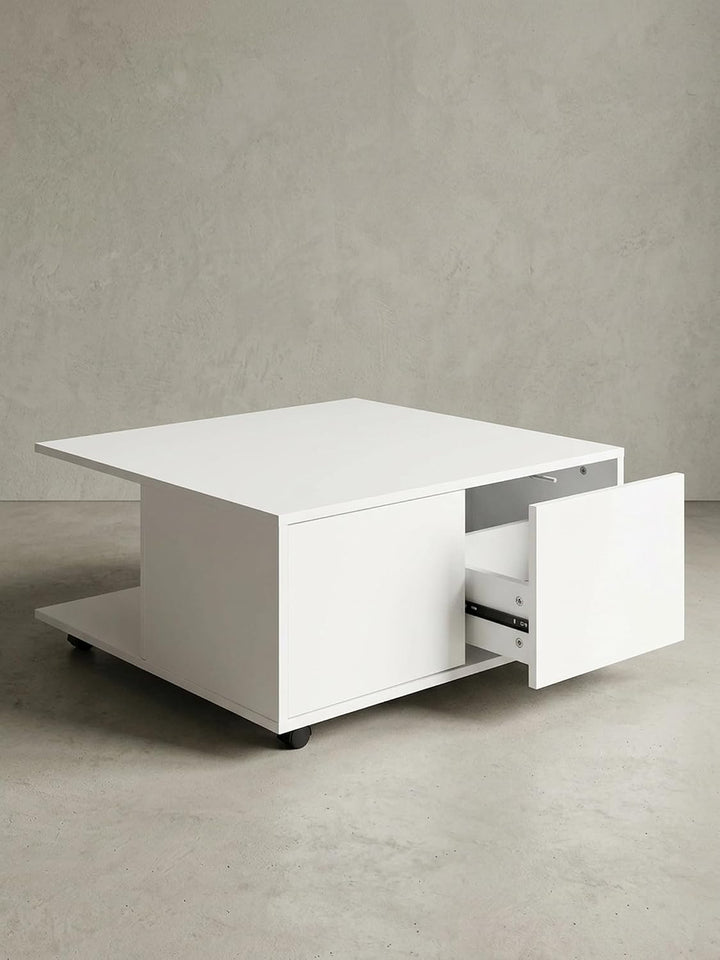 Couchtisch RAPIDO: 70x70x36,5 cm, 2 Schubladen, Rollen, Melaminharzbeschichtung, Weiss/Anthrazit Far