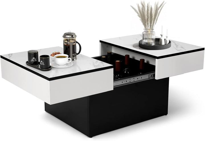VOWNER Couchtisch, Moderner Couchtisch, Ausziehbarer Schreibtisch, Wohnzimmertisch mit 2 Stauräume,