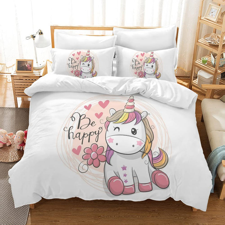 PQCXXA Kinder Einhorn Bettwäsche Mädchen-Bettwäsche Set Rosa 3D Cartoon Einhorn Bunt Blume drucken B