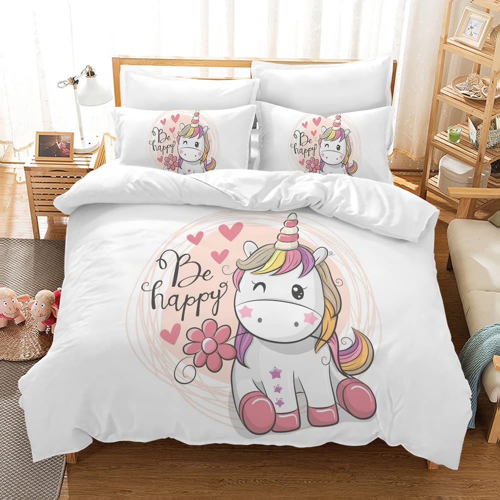 PQCXXA Kinder Einhorn Bettwäsche Mädchen-Bettwäsche Set Rosa 3D Cartoon Einhorn Bunt Blume drucken B