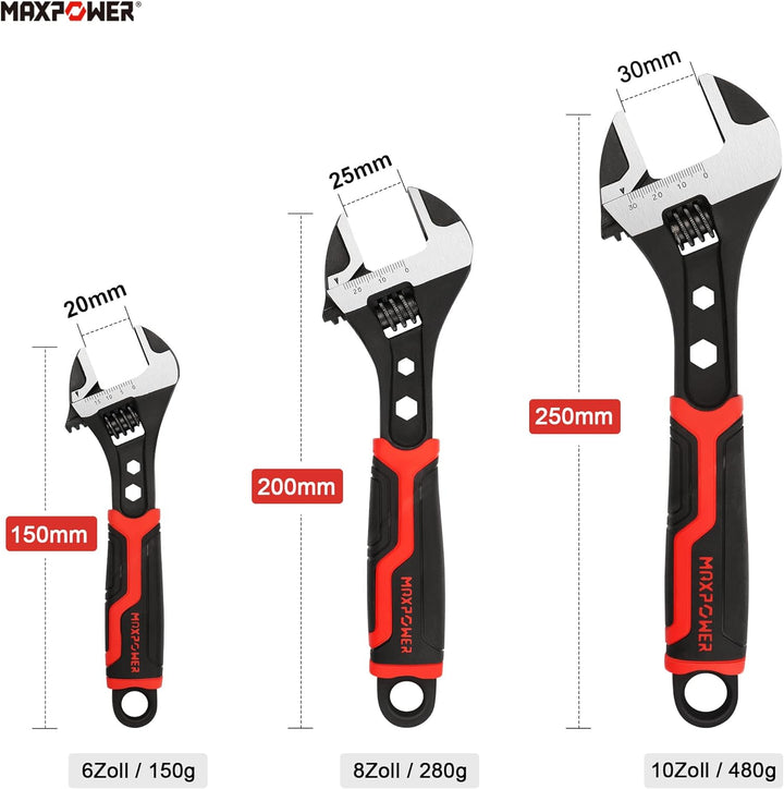MAXPOWER 3 Stücke Rollgabelschlüssel Set 150mm/200mm/300mm Hochwertiger Schraubenschlüssel Verstellb