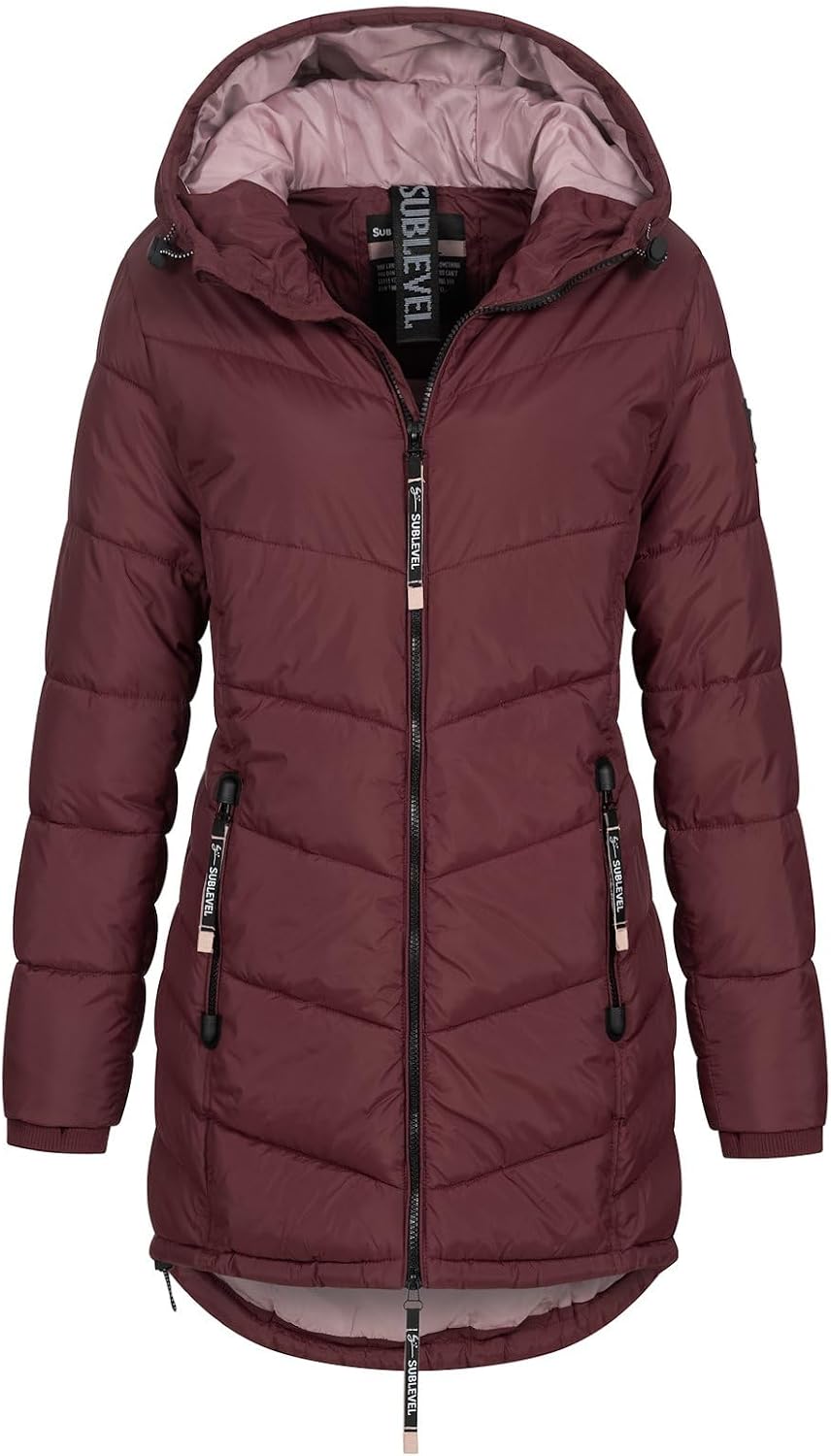 Sublevel Damen Jacke Steppmantel LSL-412 mit gefütterter Kapuze L Wine Red, L Wine Red