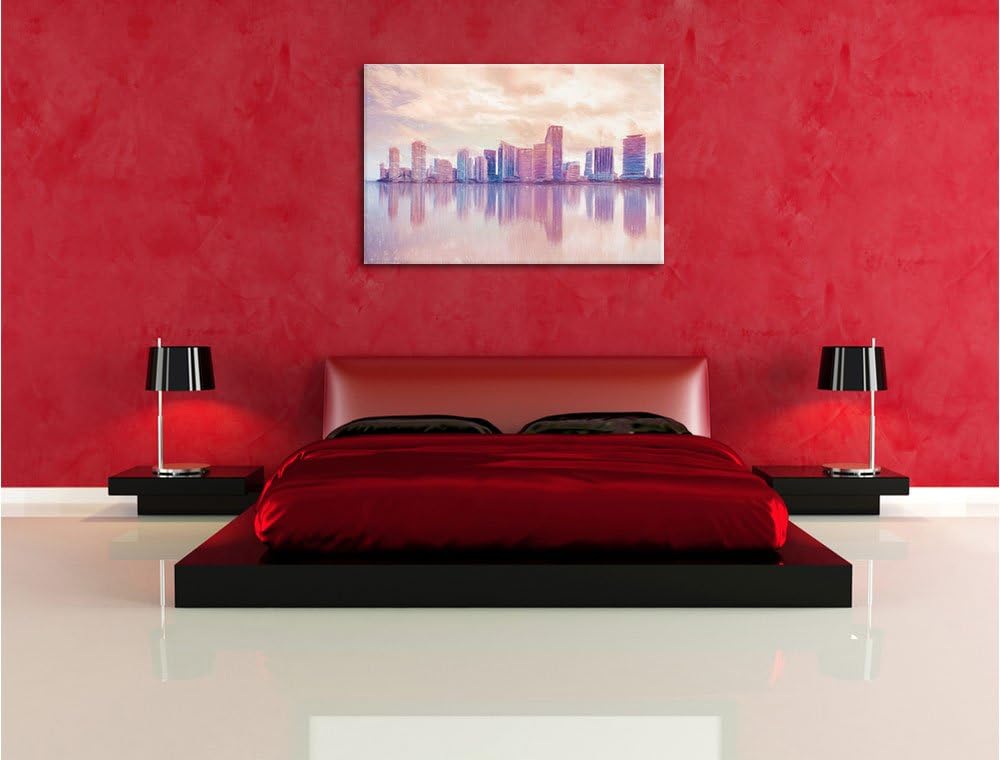 Pixxprint Miami Florida Skyline / 100x70cm Leinwandbild bespannt auf Holzrahmen/Wandbild Kunstdruck