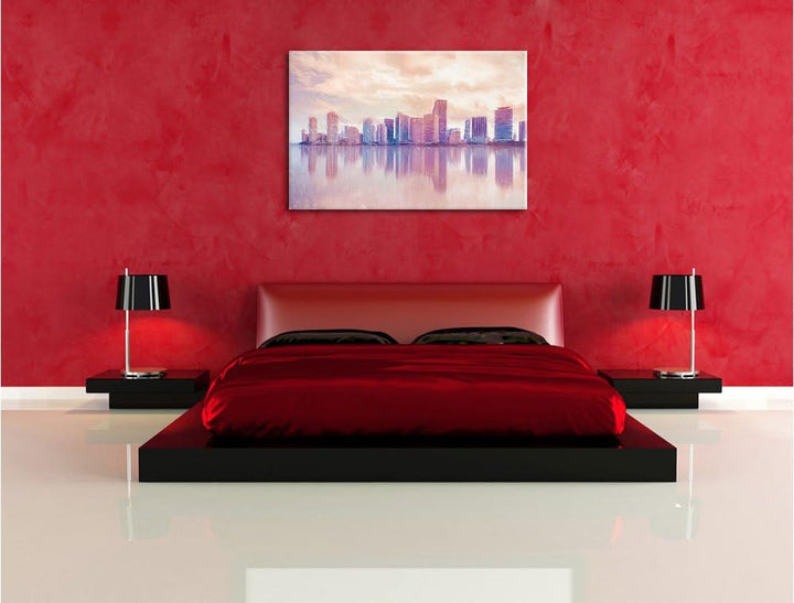Pixxprint Miami Florida Skyline / 100x70cm Leinwandbild bespannt auf Holzrahmen/Wandbild Kunstdruck