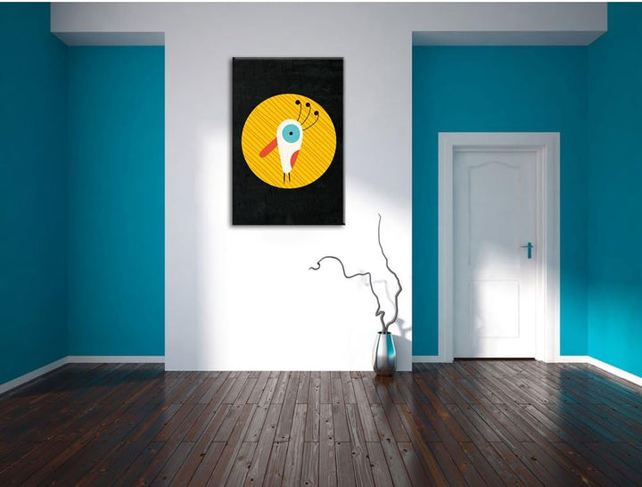 Pixxprint Lustiger Vogel mit gestreiftem Hintergrund schwarz, Format: 70x100 auf hochkantiges Leinwa