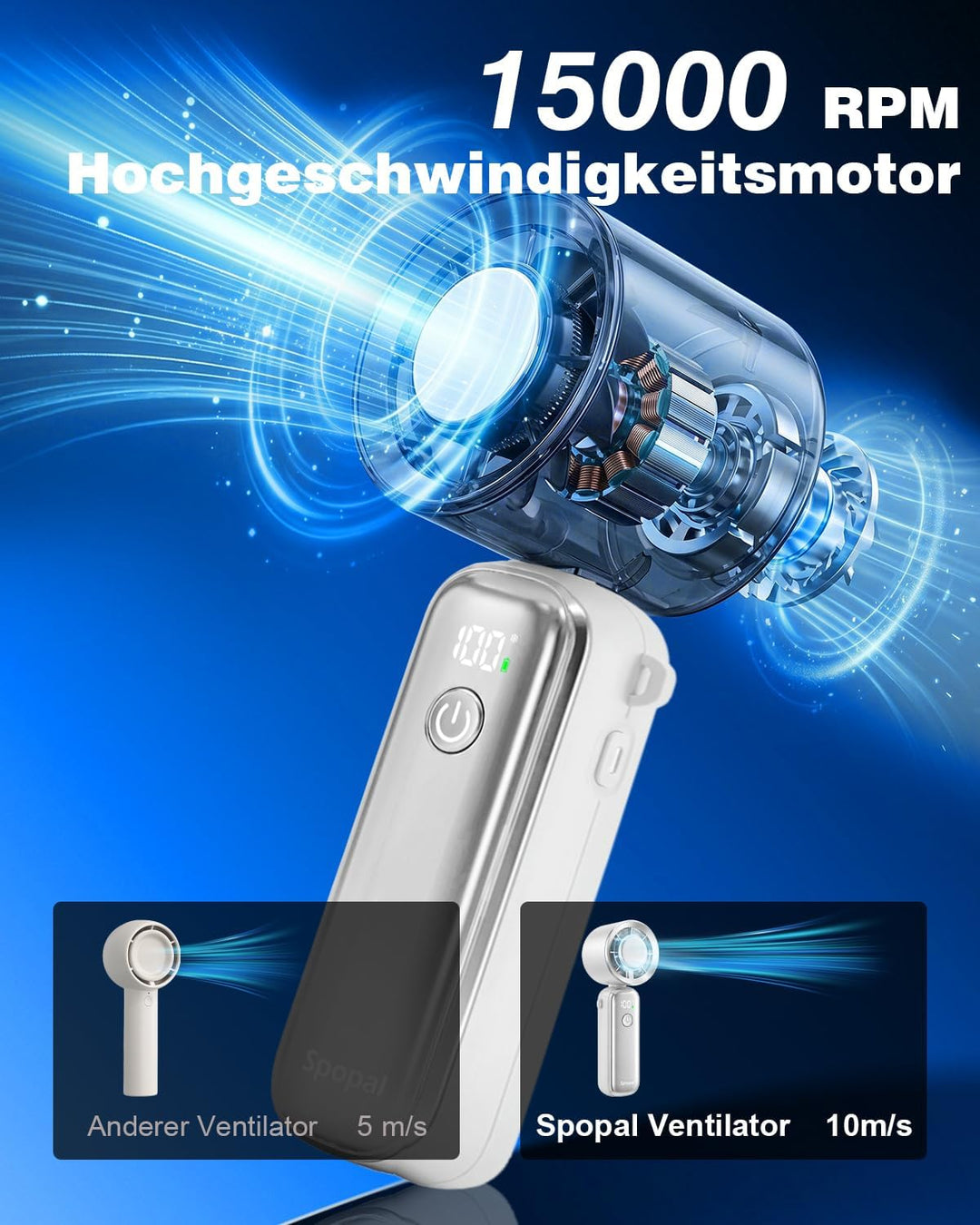 Spopal Klein Handventilator, Tragbarer Turbo-Ventilator mit Kühleffekt | 1-100 einstellbare Lüfterst