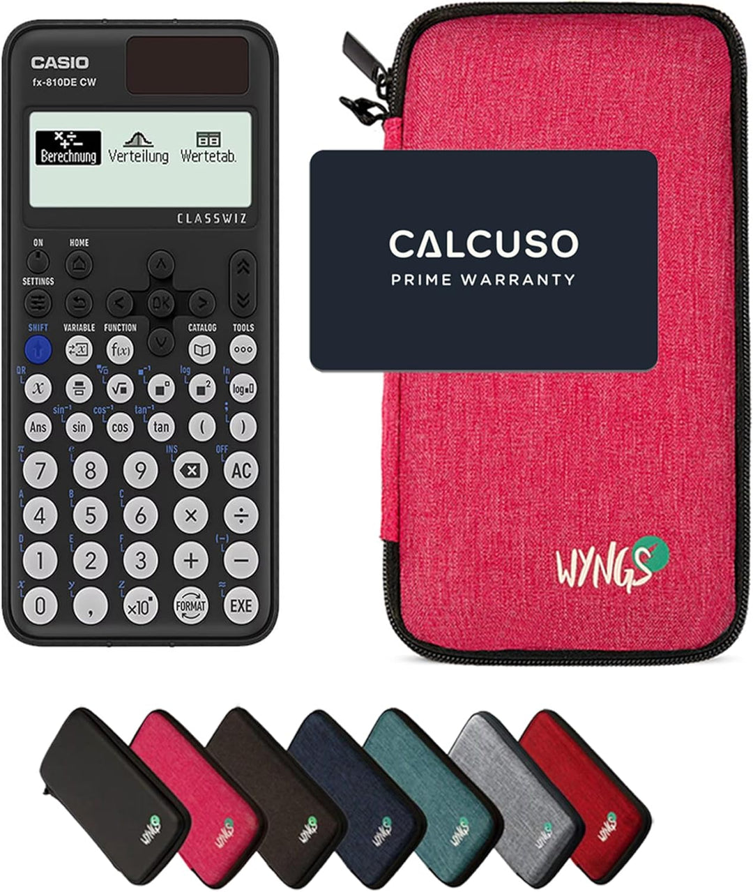 CALCUSO Sparpaket: Casio FX-810DE CW + WYNGS Schutztasche pink + Erweiterte Garantie von CALCUSO Pin