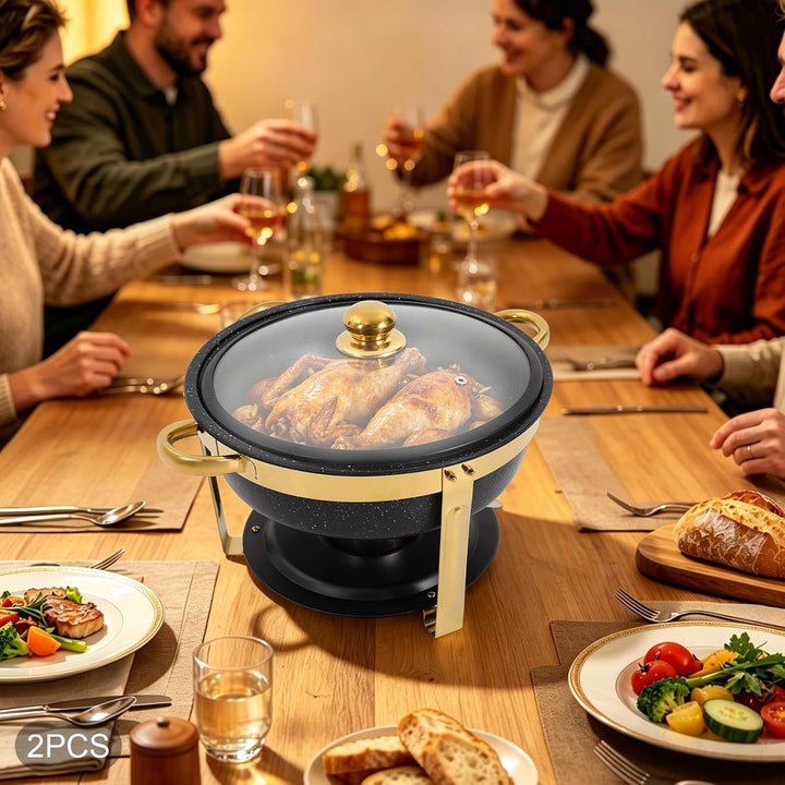 2er Warmhaltebehälter Essen, 5L Rund Edelstahl Chafing Dish Set mit Glasdeckel, Kalt &amp; Heiss Stapelb