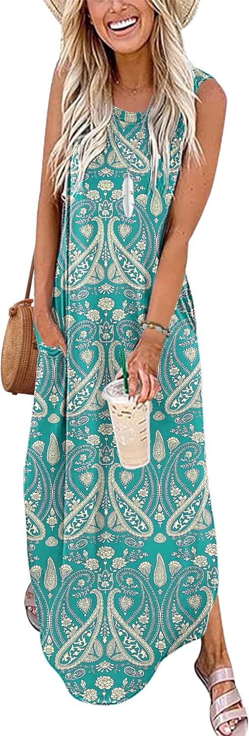 AUSELILY Maxikleider Damen Sommer Ärmellos Strandkleid Lang Kleider S Boho Blumen Grün1, S Boho Blum