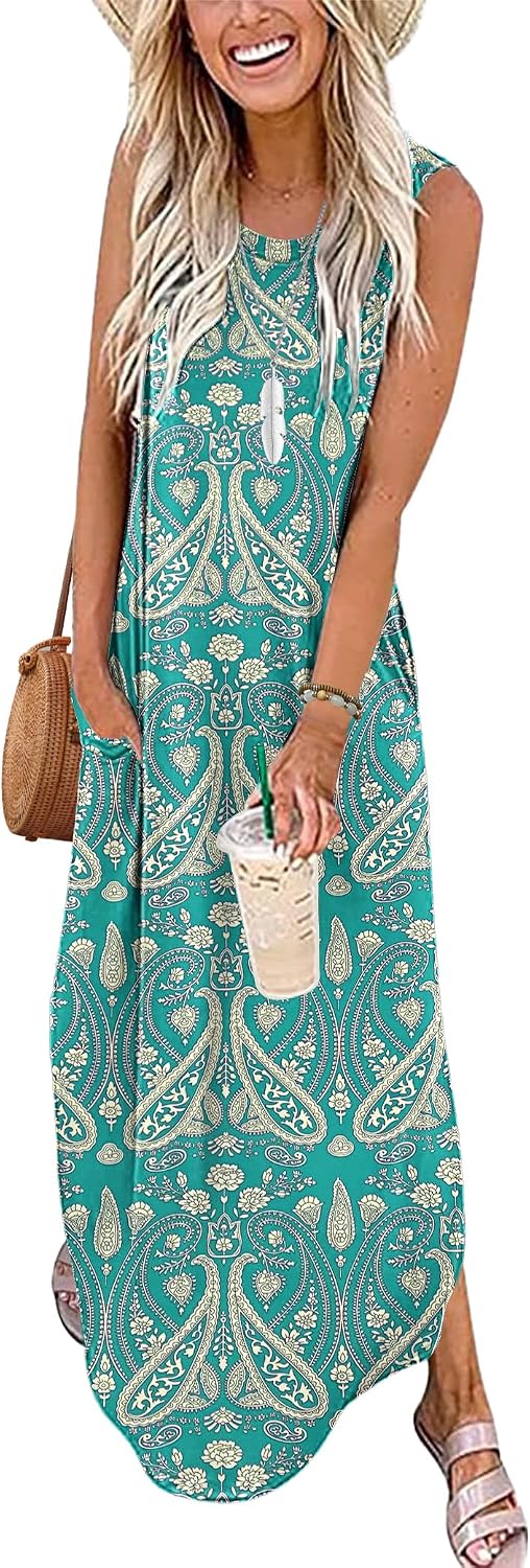 AUSELILY Maxikleider Damen Sommer Ärmellos Strandkleid Lang Kleider S Boho Blumen Grün1, S Boho Blum