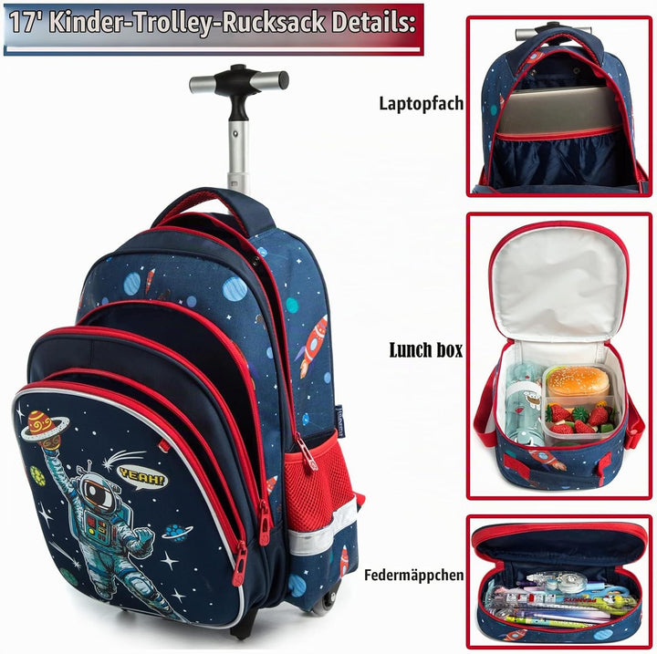 16" Schulranzen Kinder Rollrucksack für Mädchen 3PCS Rollen Reiserucksäcke 17 Blau220414-l, 17 Blau2