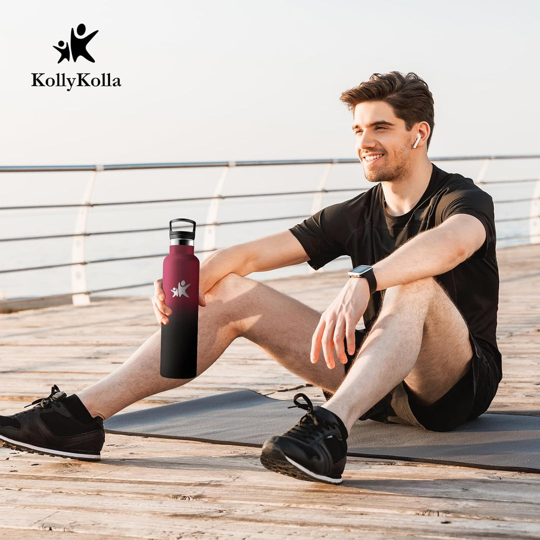 KollyKolla Edelstahl Trinkflasche 1L, Auslaufsichere Wasserflasche mit Strohhalm, Kohlensäure Geeign
