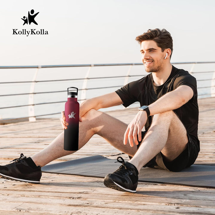 KollyKolla Edelstahl Trinkflasche 1L, Auslaufsichere Wasserflasche mit Strohhalm, Kohlensäure Geeign