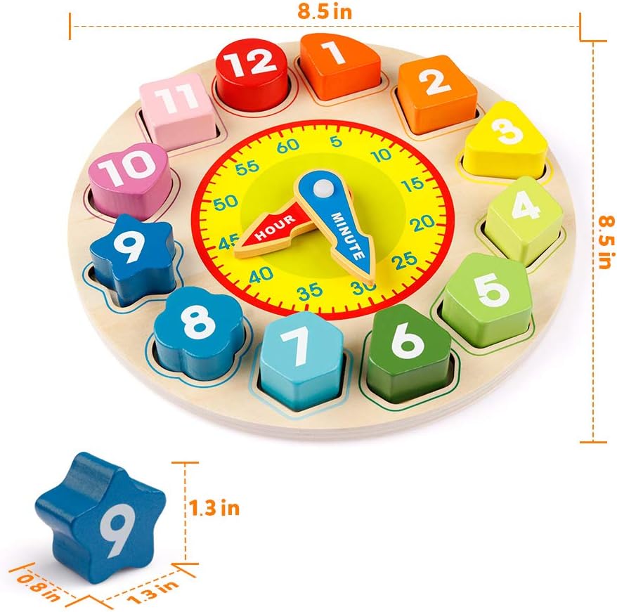 Coogam Lernuhr Holz Montessori Spielzeug mit 12 Steck-Formen Sortierung - Anzahl Blöcke Puzzle Stape