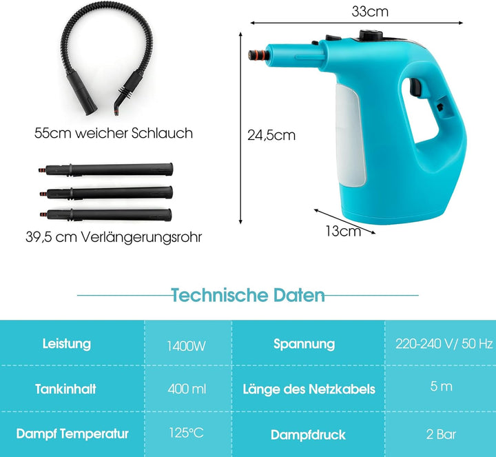 GOPLUS Dampfreiniger 1500W, Tragbarer Mehrzweck-Dampfreiniger: Dampfdruck: 2 Bar, 400 ML Wassertank,
