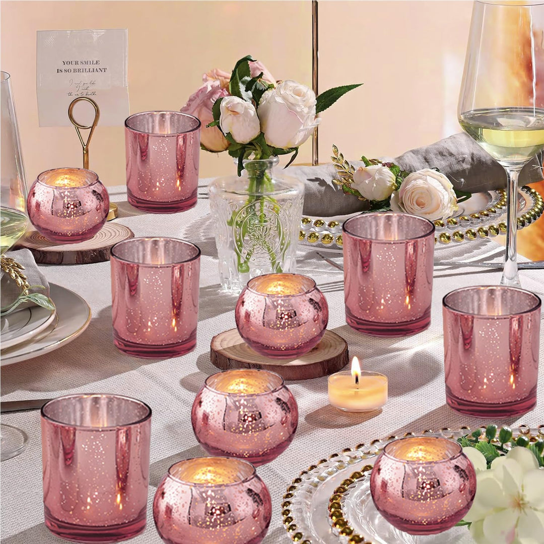 12 Stück Rosa Votivkerzenhalter, Quecksilberglas-Teelicht-Kerzenhalter für Hochzeitstisch-Mittelstüc