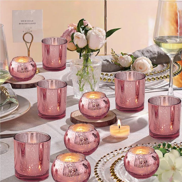 12 Stück Rosa Votivkerzenhalter, Quecksilberglas-Teelicht-Kerzenhalter für Hochzeitstisch-Mittelstüc
