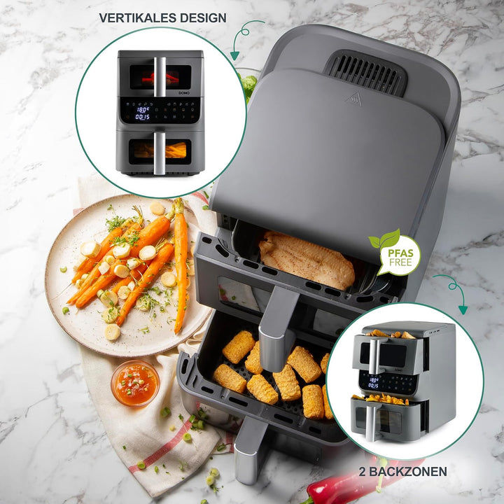 DOMO DO550FR Heissluftfritteuse 2 Kammern Vertikal - 10L - Innovative Mehrfach-Luftgeschwindigkeit -