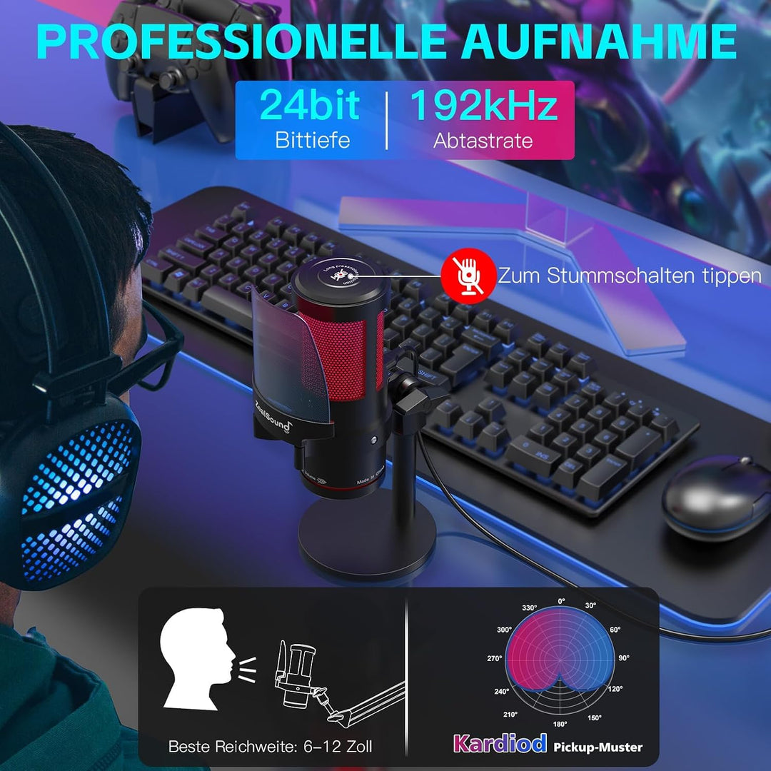 ZealSound Gaming Mikrofon PC, RGB Tischmikrofon mit USB-C &amp;Lightning Adapter,Touch-Stummschaltung, G