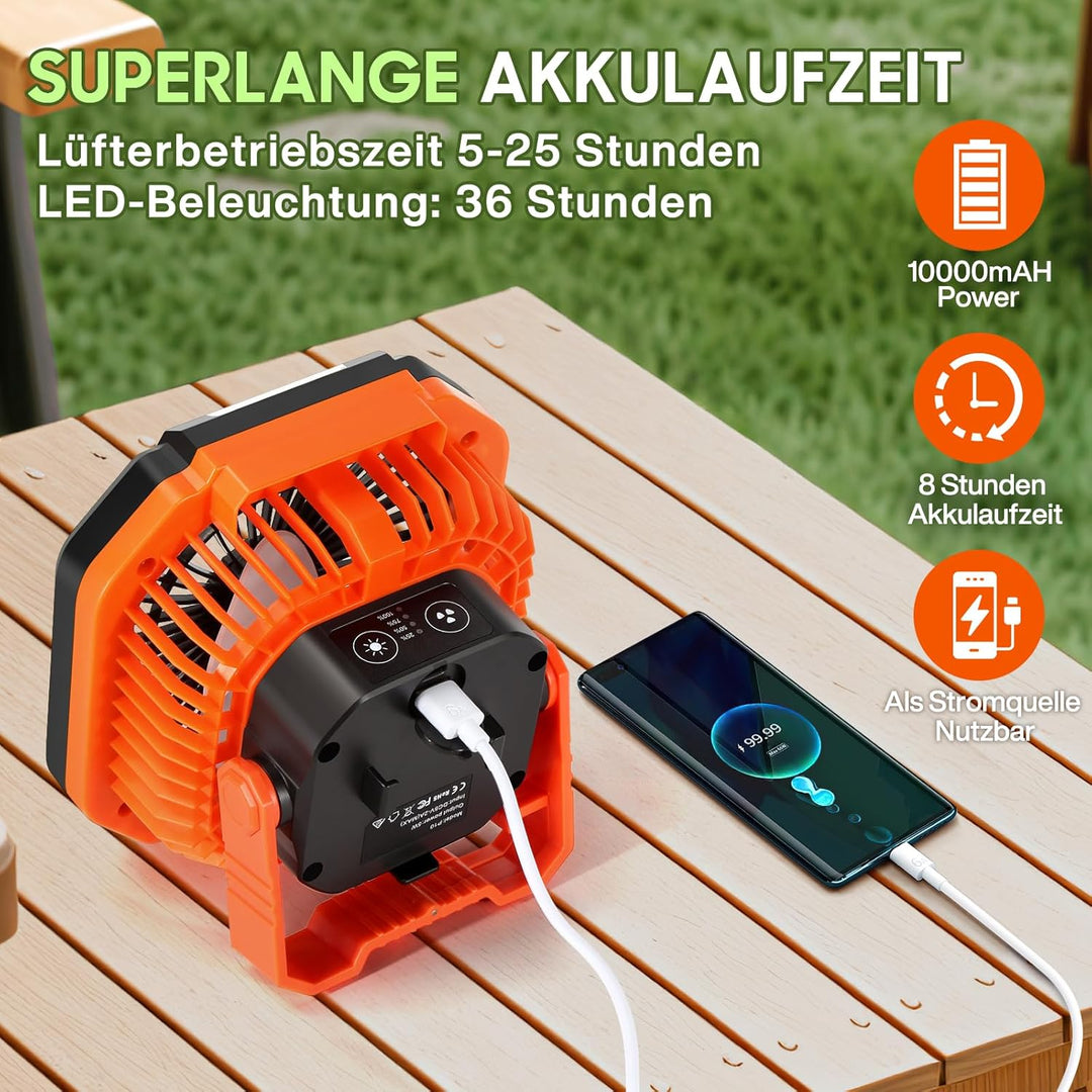 Camping Ventilator, 10000 mAh Ventilator USB-Tischventilator mit Licht, Haken und Paracord-Armband,