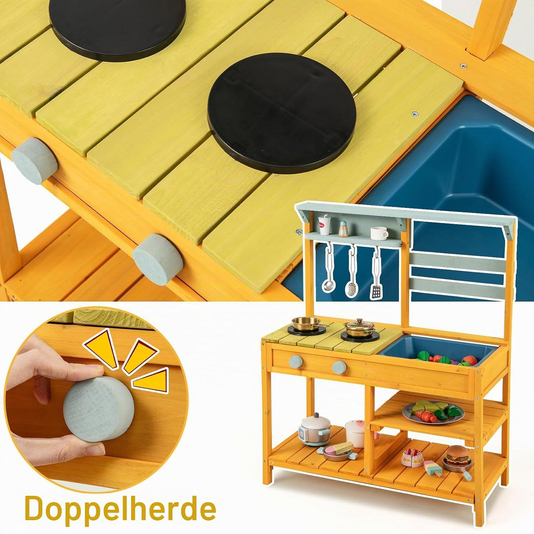 HOMASIS Matschküche Kinder Outdoor, Kinderküche mit Waschbecken Spüle Herd, Spielküche Holz, Spielze