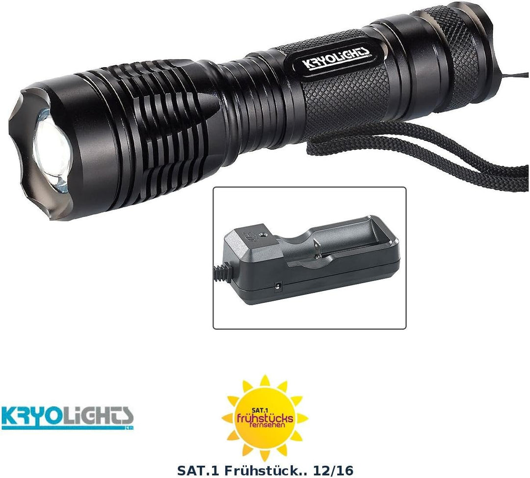 KryoLights aufladbare Taschenlampe: LED-Taschenlampe TRC-144.a mit Akku und Ladegerät, 1.000 lm, IP4