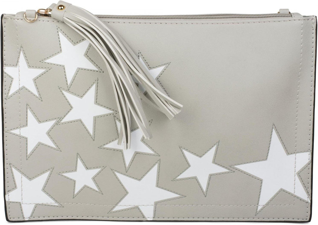 styleBREAKER Clutch mit Sterne Muster, Quasten Anhänger am Reissverschluss, Handschlaufe und Umhänge