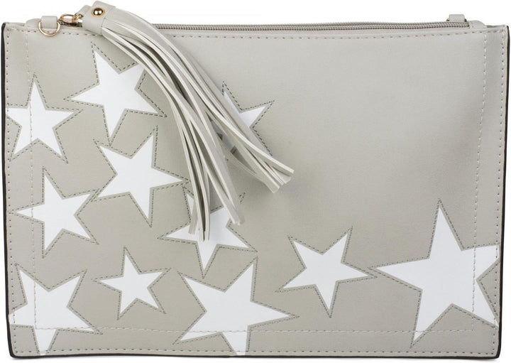 styleBREAKER Clutch mit Sterne Muster, Quasten Anhänger am Reissverschluss, Handschlaufe und Umhänge