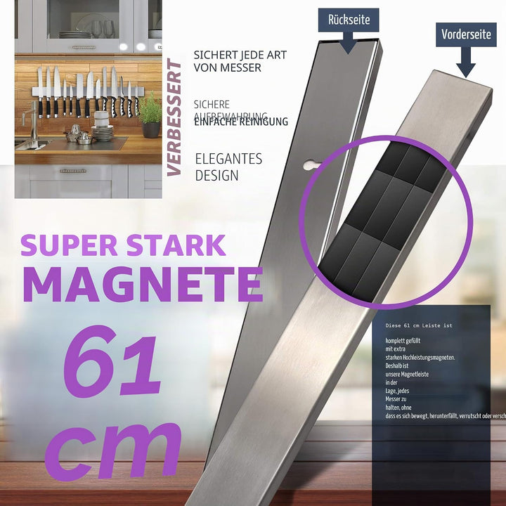 Premium 61cm Magnetleiste Messer für Wand (Grosse Grösse) - Extra Starker Messerhalter Magnetisch -