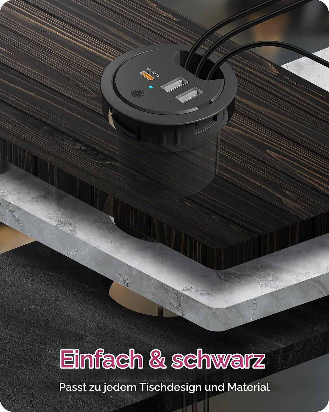 ICY Box 3-Port Tischladegerät, 2X USB-A &amp; 1x USB-C, Für 60mm Bohrungen, Gerät dient nur zum Laden, S