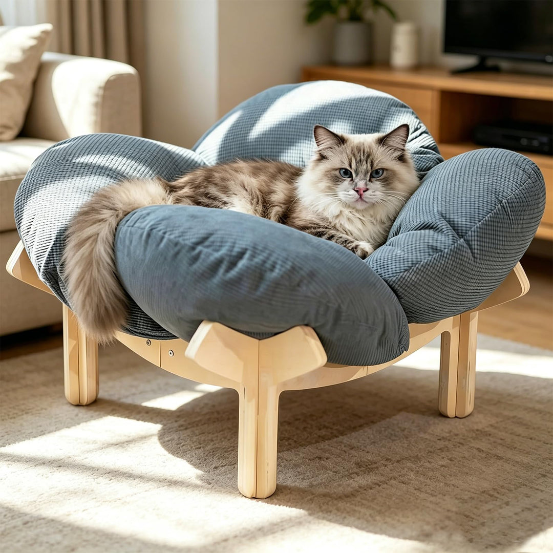 Erhöhtes Katzenbett aus Holz, Flauschiges Katzensofa in Blumenform, Katzenkissen mit waschbarem & Ho